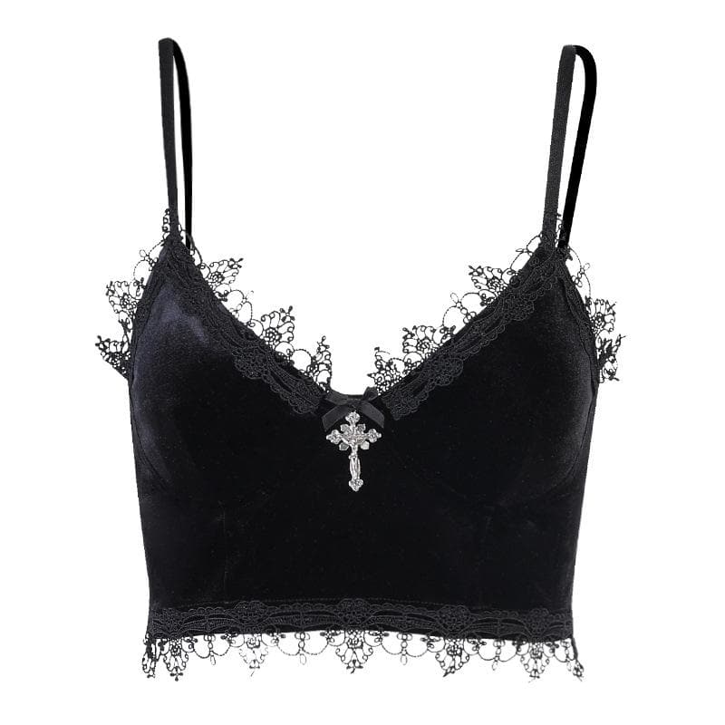 Velvet Eyelash Lace Hem Cross Applique V-Neck Crop Top for Y2K and Coquette Aesthetic Velvet Eyelash Lace Hem Cross Applique V-Neck Crop Top for Y2K and Coquette Aesthetic