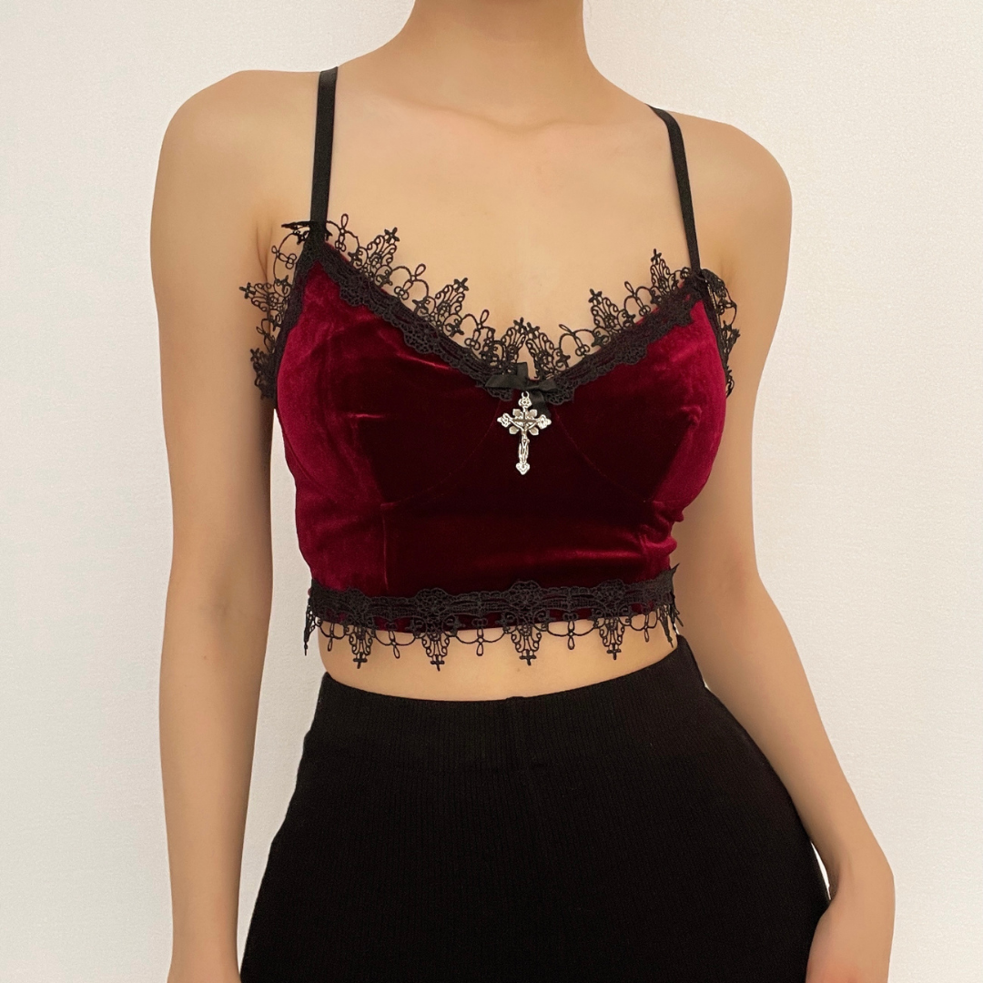 Velvet Eyelash Lace Hem Cross Applique V-Neck Crop Top for Y2K and Coquette Aesthetic Velvet Eyelash Lace Hem Cross Applique V-Neck Crop Top for Y2K and Coquette Aesthetic