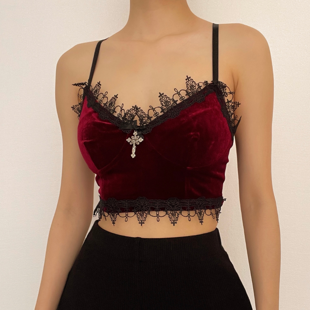 Velvet Eyelash Lace Hem Cross Applique V-Neck Crop Top for Y2K and Coquette Aesthetic Velvet Eyelash Lace Hem Cross Applique V-Neck Crop Top for Y2K and Coquette Aesthetic