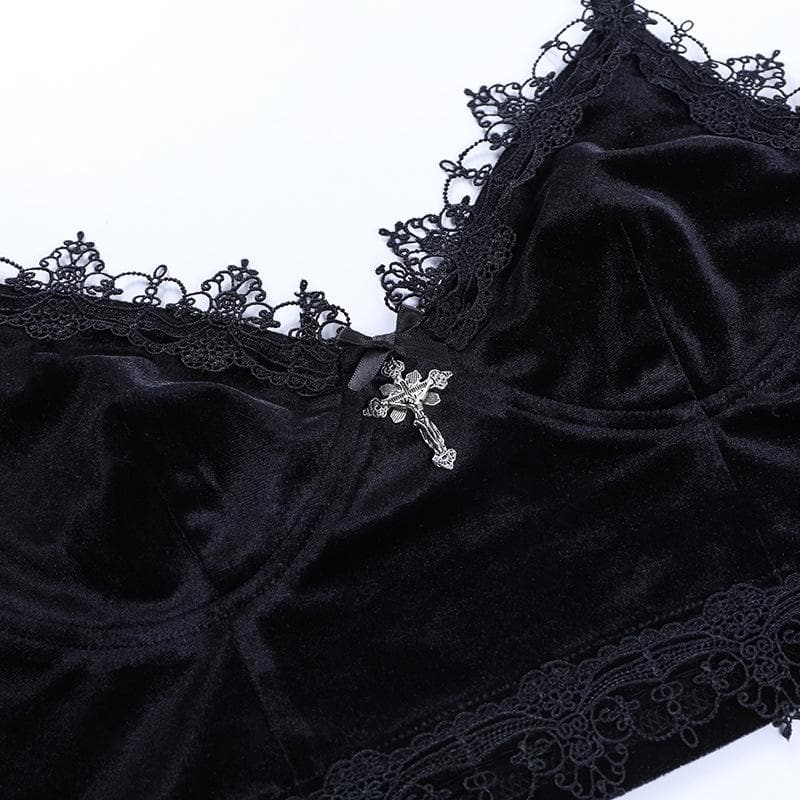 Velvet Eyelash Lace Hem Cross Applique V-Neck Crop Top for Y2K and Coquette Aesthetic Velvet Eyelash Lace Hem Cross Applique V-Neck Crop Top for Y2K and Coquette Aesthetic