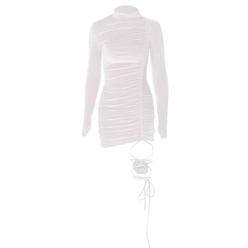 Velvet Flower Applique Drawstring Mini Dress with Long Sleeve Gloves - Y2K Aesthetic Style Velvet Flower Applique Drawstring Mini Dress with Long Sleeve Gloves - Y2K Aesthetic Style