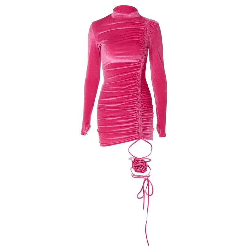 Velvet Flower Applique Drawstring Mini Dress with Long Sleeve Gloves - Y2K Aesthetic Style Velvet Flower Applique Drawstring Mini Dress with Long Sleeve Gloves - Y2K Aesthetic Style