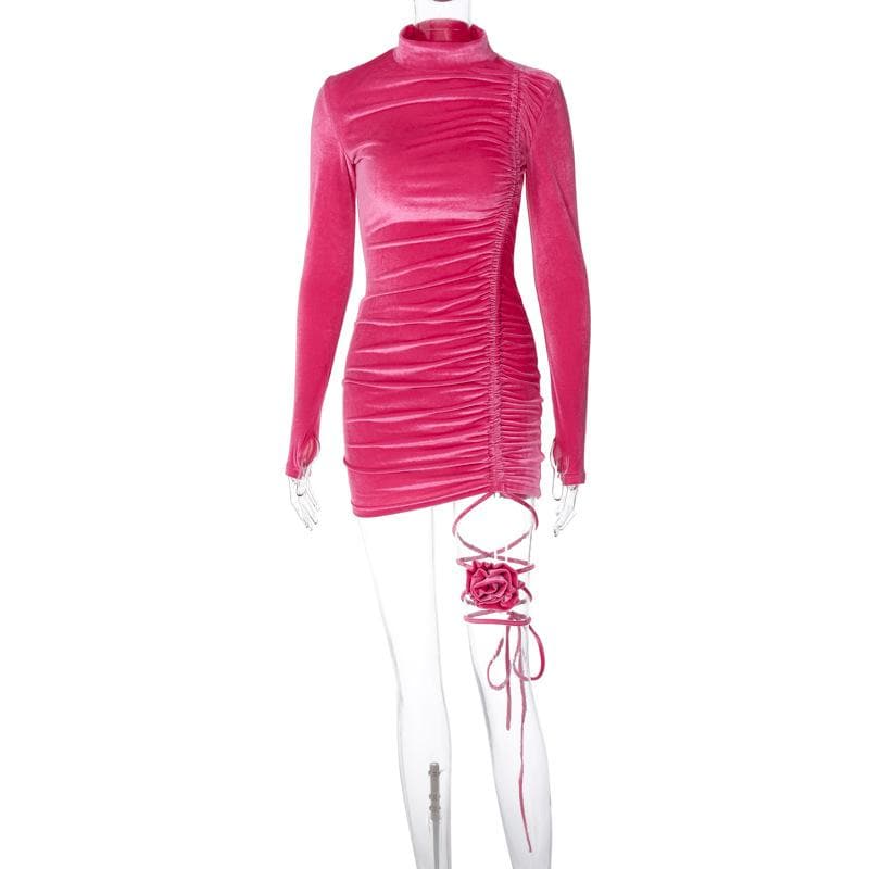 Velvet Flower Applique Drawstring Mini Dress with Long Sleeve Gloves - Y2K Aesthetic Style Velvet Flower Applique Drawstring Mini Dress with Long Sleeve Gloves - Y2K Aesthetic Style