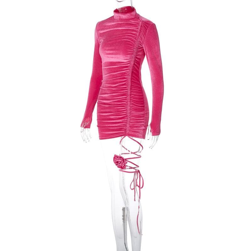 Velvet Flower Applique Drawstring Mini Dress with Long Sleeve Gloves - Y2K Aesthetic Style Velvet Flower Applique Drawstring Mini Dress with Long Sleeve Gloves - Y2K Aesthetic Style