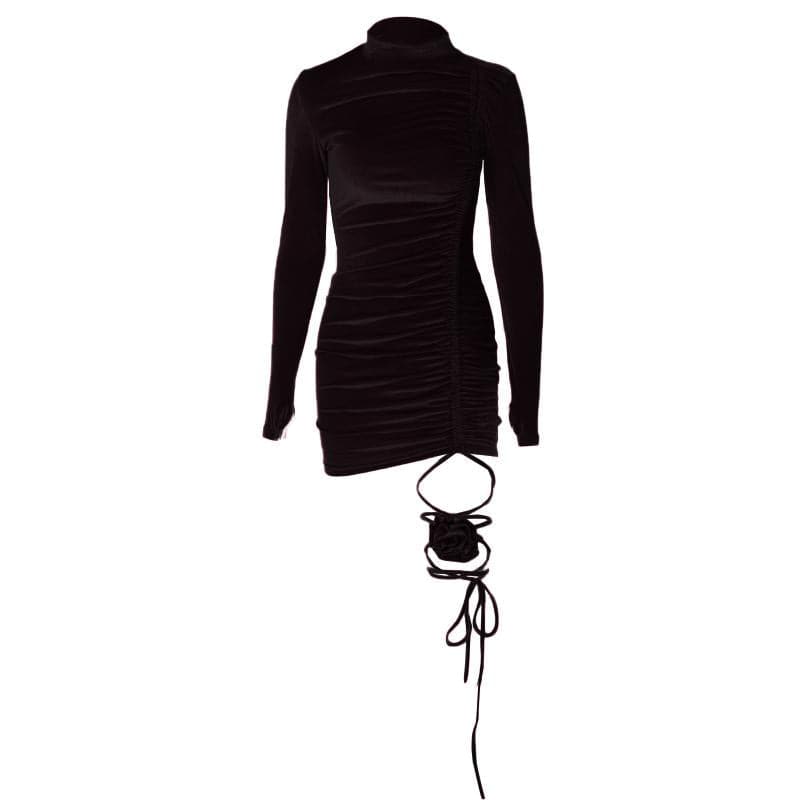 Velvet Flower Applique Drawstring Mini Dress with Long Sleeve Gloves - Y2K Aesthetic Style Velvet Flower Applique Drawstring Mini Dress with Long Sleeve Gloves - Y2K Aesthetic Style