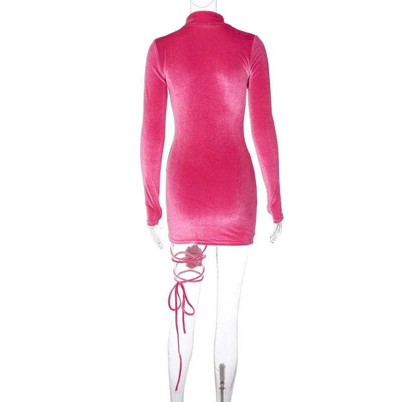 Velvet Flower Applique Drawstring Mini Dress with Long Sleeve Gloves - Y2K Aesthetic Style Velvet Flower Applique Drawstring Mini Dress with Long Sleeve Gloves - Y2K Aesthetic Style