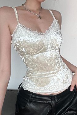 Velvet Lace Hem Backless Cami Top - Y2K Fashion Essential for Coquette Aesthetic Outfits