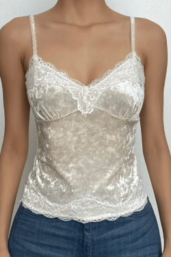 Velvet Lace Hem Backless Cami Top - Y2K Fashion Essential for Coquette Aesthetic Outfits