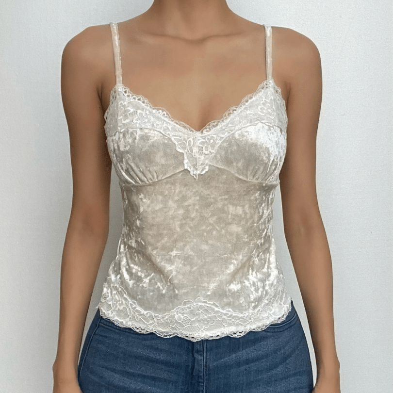 Velvet Lace Hem Backless Cami Top - Y2K Fashion Essential for Coquette Aesthetic Outfits Velvet Lace Hem Backless Cami Top - Y2K Fashion Essential for Coquette Aesthetic Outfits