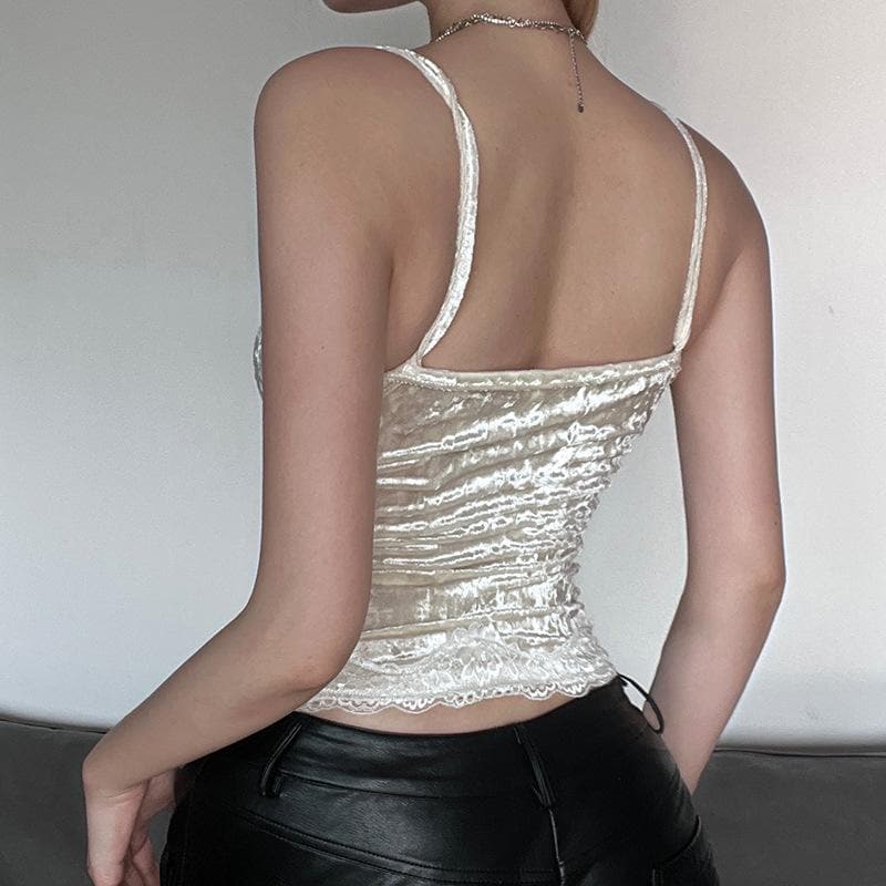 Velvet Lace Hem Backless Cami Top - Y2K Fashion Essential for Coquette Aesthetic Outfits Velvet Lace Hem Backless Cami Top - Y2K Fashion Essential for Coquette Aesthetic Outfits