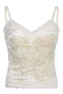 Velvet Lace Hem Backless Cami Top - Y2K Fashion Essential for Coquette Aesthetic Outfits