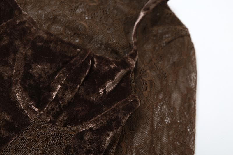 Velvet Patchwork High Neck Long Sleeve Lace Mini Dress for Y2K Coquette Aesthetic Velvet Patchwork High Neck Long Sleeve Lace Mini Dress for Y2K Coquette Aesthetic