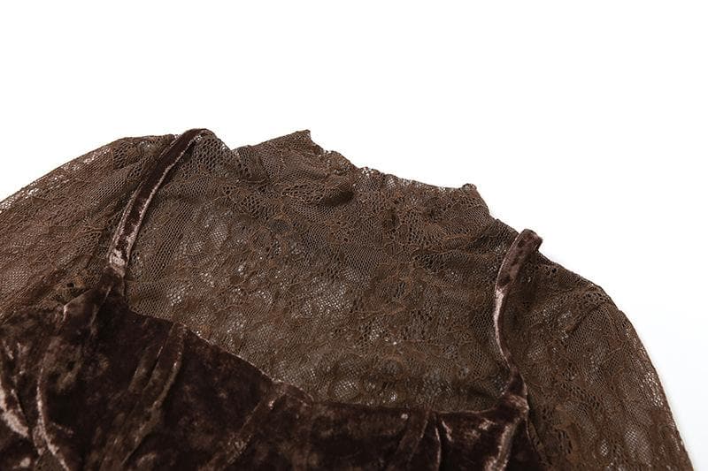 Velvet Patchwork High Neck Long Sleeve Lace Mini Dress for Y2K Coquette Aesthetic Velvet Patchwork High Neck Long Sleeve Lace Mini Dress for Y2K Coquette Aesthetic