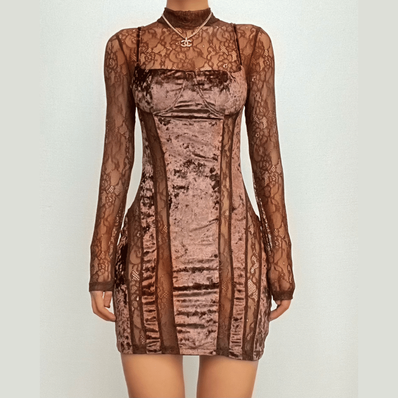 Velvet Patchwork High Neck Long Sleeve Lace Mini Dress for Y2K Coquette Aesthetic Velvet Patchwork High Neck Long Sleeve Lace Mini Dress for Y2K Coquette Aesthetic