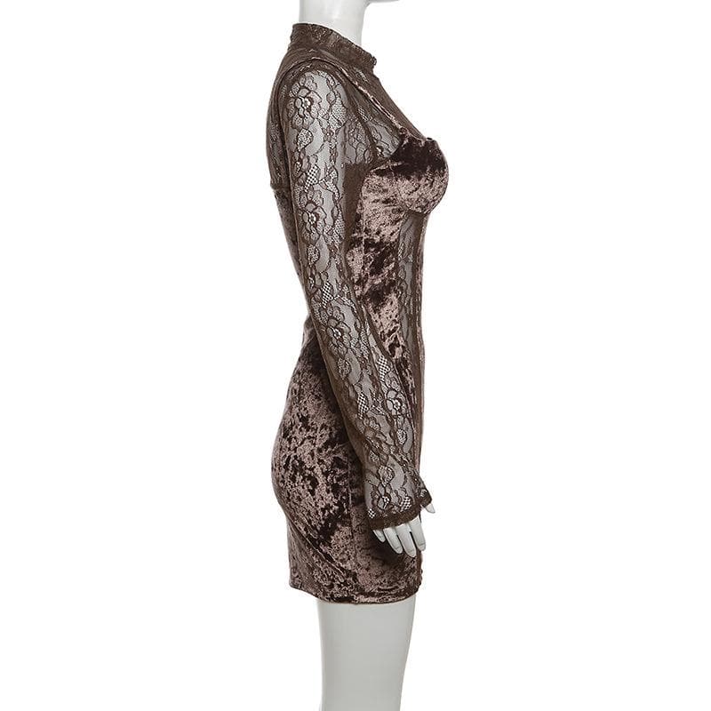 Velvet Patchwork High Neck Long Sleeve Lace Mini Dress for Y2K Coquette Aesthetic Velvet Patchwork High Neck Long Sleeve Lace Mini Dress for Y2K Coquette Aesthetic