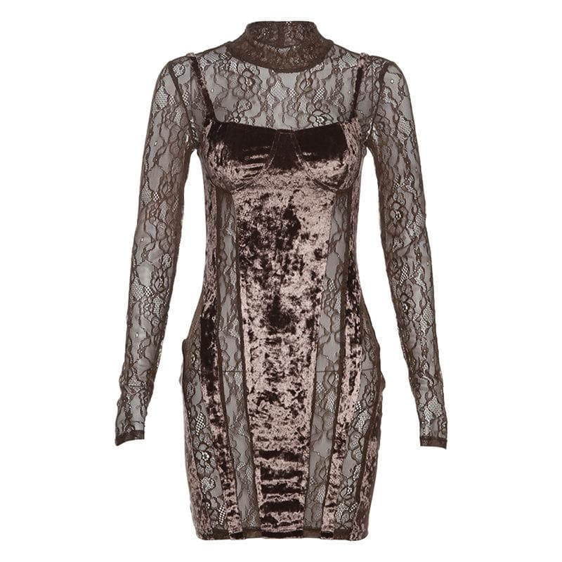Velvet Patchwork High Neck Long Sleeve Lace Mini Dress for Y2K Coquette Aesthetic Velvet Patchwork High Neck Long Sleeve Lace Mini Dress for Y2K Coquette Aesthetic
