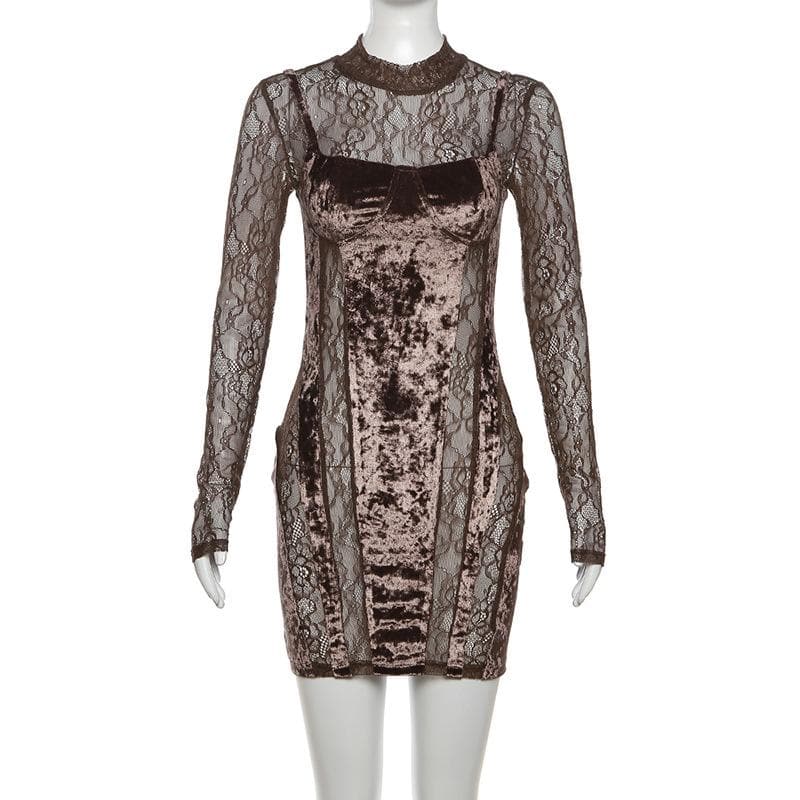 Velvet Patchwork High Neck Long Sleeve Lace Mini Dress for Y2K Coquette Aesthetic Velvet Patchwork High Neck Long Sleeve Lace Mini Dress for Y2K Coquette Aesthetic