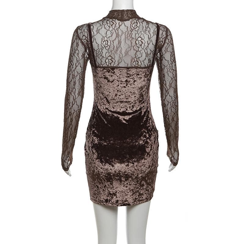 Velvet Patchwork High Neck Long Sleeve Lace Mini Dress for Y2K Coquette Aesthetic Velvet Patchwork High Neck Long Sleeve Lace Mini Dress for Y2K Coquette Aesthetic