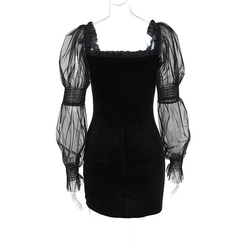 Velvet Puff Sleeve Ruffle Mesh Ruched Square Neck Mini Dress for Y2K Aesthetic Outfits Velvet Puff Sleeve Ruffle Mesh Ruched Square Neck Mini Dress for Y2K Aesthetic Outfits