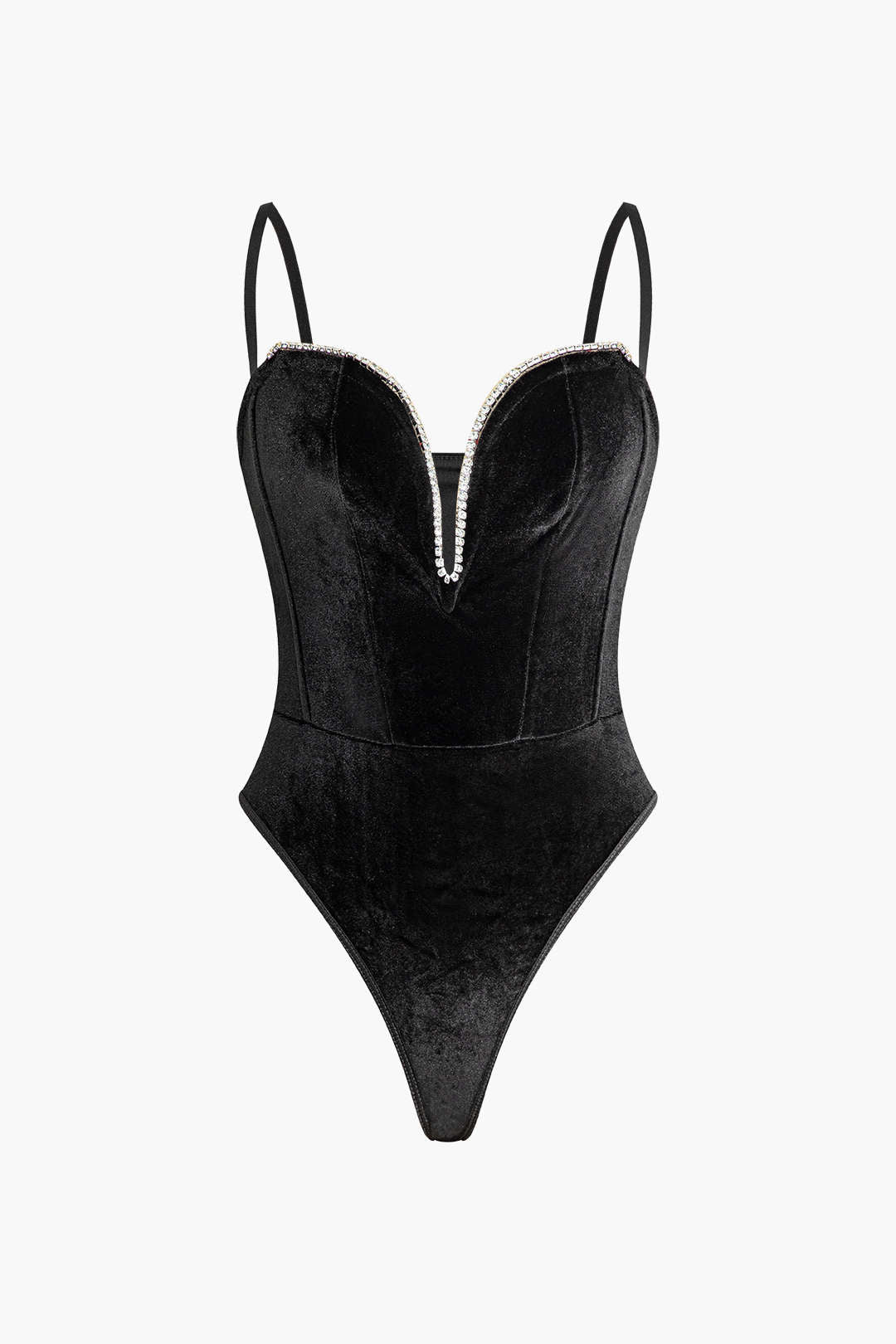 Velvet Rhinestone V-neck Bustier Cami Bodysuit for Y2K Fashion & Coquette Aesthetic