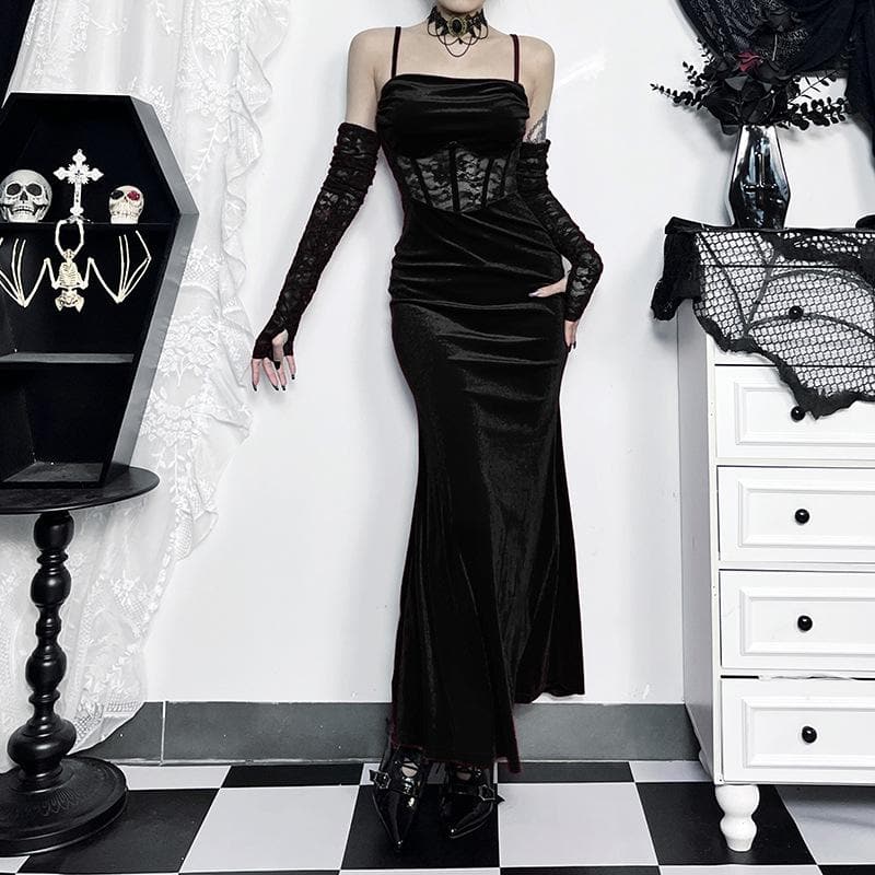 Velvet Ruched Lace Patchwork Backless Cami Midi Dress for Y2K and Coquette Aesthetic Velvet Ruched Lace Patchwork Backless Cami Midi Dress for Y2K and Coquette Aesthetic