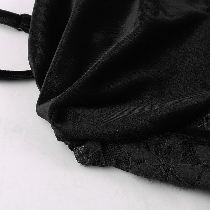 Velvet Ruched Lace Patchwork Backless Cami Midi Dress for Y2K and Coquette Aesthetic Velvet Ruched Lace Patchwork Backless Cami Midi Dress for Y2K and Coquette Aesthetic