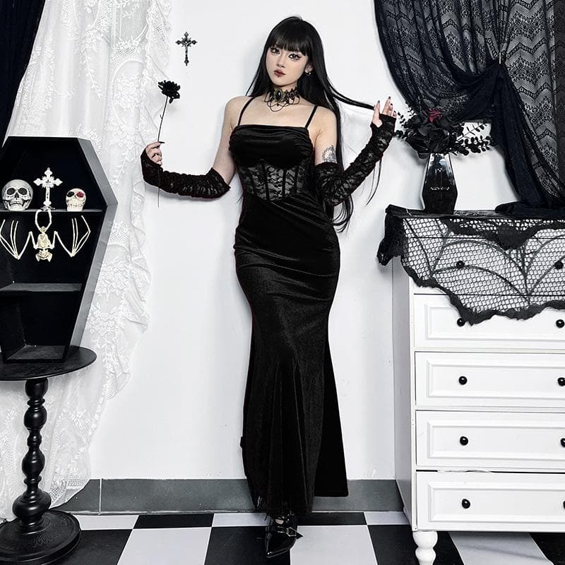 Velvet Ruched Lace Patchwork Backless Cami Midi Dress for Y2K and Coquette Aesthetic Velvet Ruched Lace Patchwork Backless Cami Midi Dress for Y2K and Coquette Aesthetic