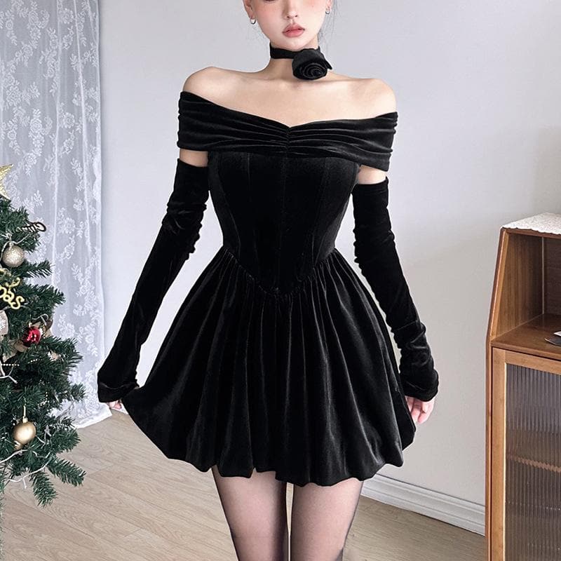 Velvet Ruched Off-Shoulder Long Sleeve Mini Dress - Y2K Aesthetic Party Outfit Velvet Ruched Off-Shoulder Long Sleeve Mini Dress - Y2K Aesthetic Party Outfit