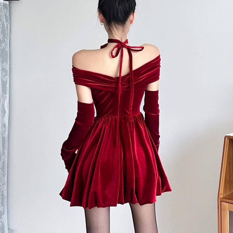 Velvet Ruched Off-Shoulder Long Sleeve Mini Dress - Y2K Aesthetic Party Outfit Velvet Ruched Off-Shoulder Long Sleeve Mini Dress - Y2K Aesthetic Party Outfit