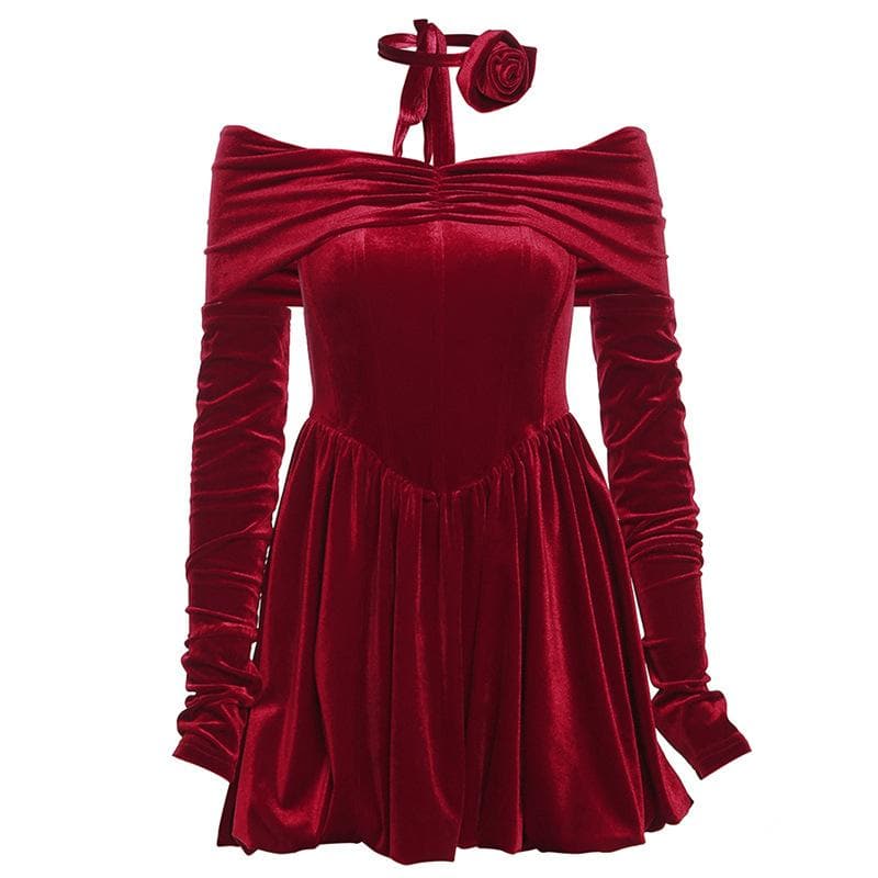 Velvet Ruched Off-Shoulder Long Sleeve Mini Dress - Y2K Aesthetic Party Outfit Velvet Ruched Off-Shoulder Long Sleeve Mini Dress - Y2K Aesthetic Party Outfit