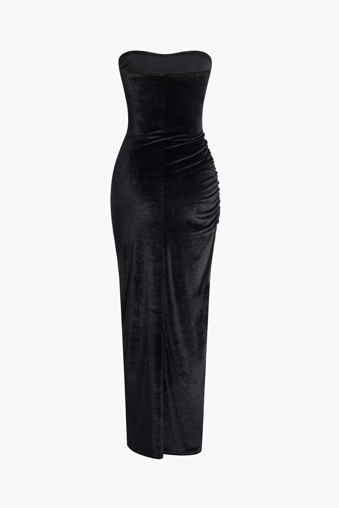 Velvet Ruched Strapless Maxi Dress with Slit - Y2K Aesthetic Evening Wear Velvet Ruched Strapless Maxi Dress with Slit - Y2K Aesthetic Evening Wear