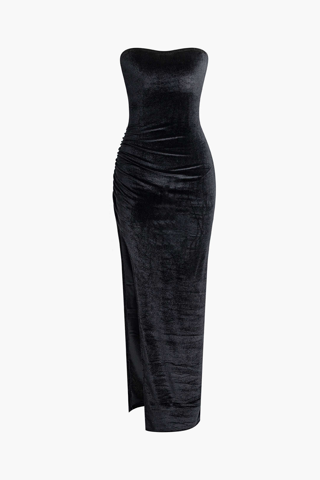 Velvet Ruched Strapless Maxi Dress with Slit - Y2K Aesthetic Evening Wear Velvet Ruched Strapless Maxi Dress with Slit - Y2K Aesthetic Evening Wear
