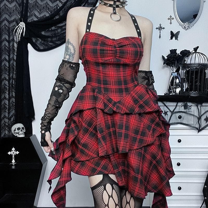 Y2K Aesthetic Backless Mini Dress with Irregular Plaid and Zip-Up Halter Design Y2K Aesthetic Backless Mini Dress with Irregular Plaid and Zip-Up Halter Design