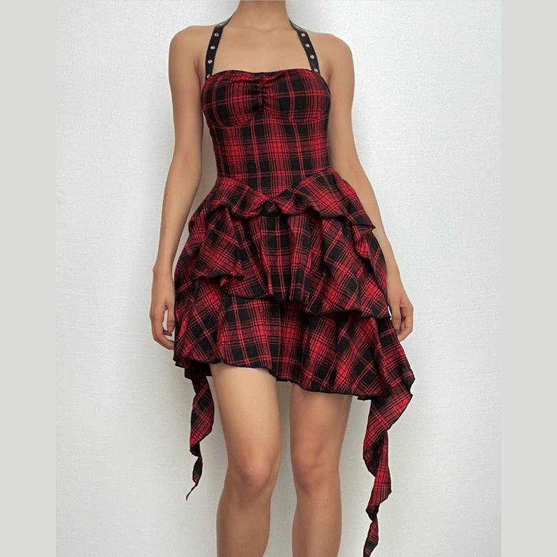 Y2K Aesthetic Backless Mini Dress with Irregular Plaid and Zip-Up Halter Design Y2K Aesthetic Backless Mini Dress with Irregular Plaid and Zip-Up Halter Design