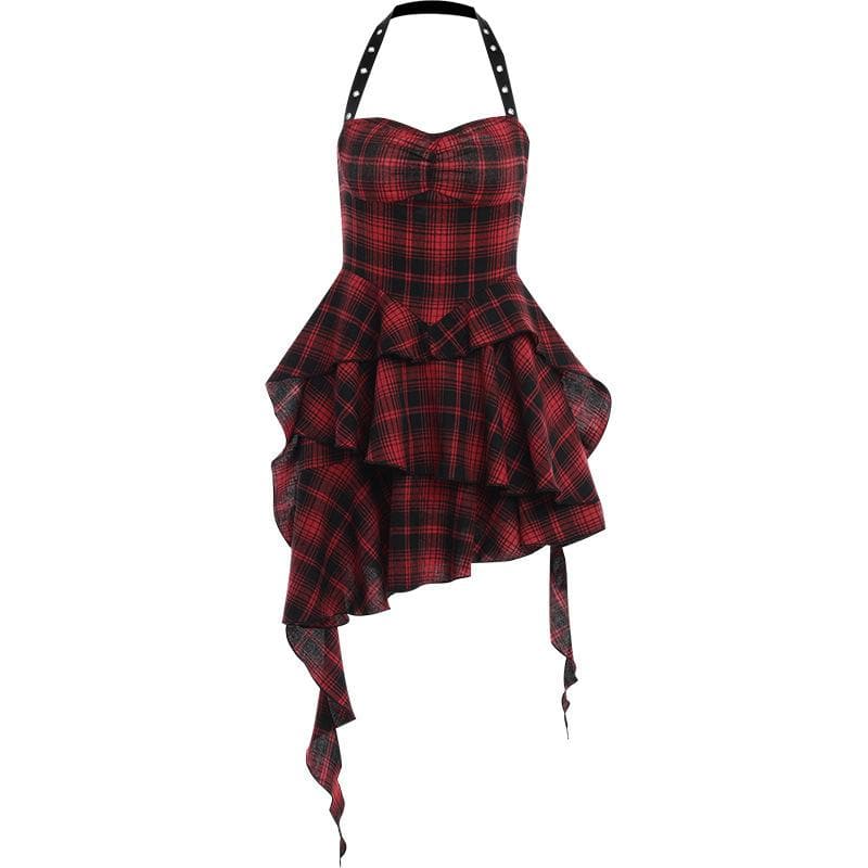 Y2K Aesthetic Backless Mini Dress with Irregular Plaid and Zip-Up Halter Design Y2K Aesthetic Backless Mini Dress with Irregular Plaid and Zip-Up Halter Design