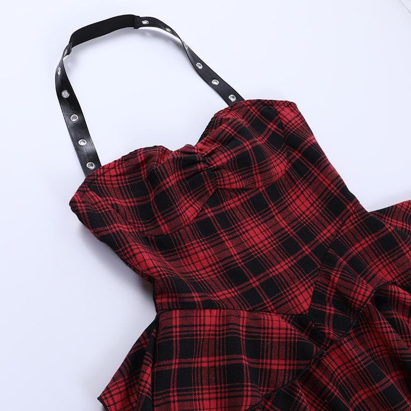 Y2K Aesthetic Backless Mini Dress with Irregular Plaid and Zip-Up Halter Design Y2K Aesthetic Backless Mini Dress with Irregular Plaid and Zip-Up Halter Design