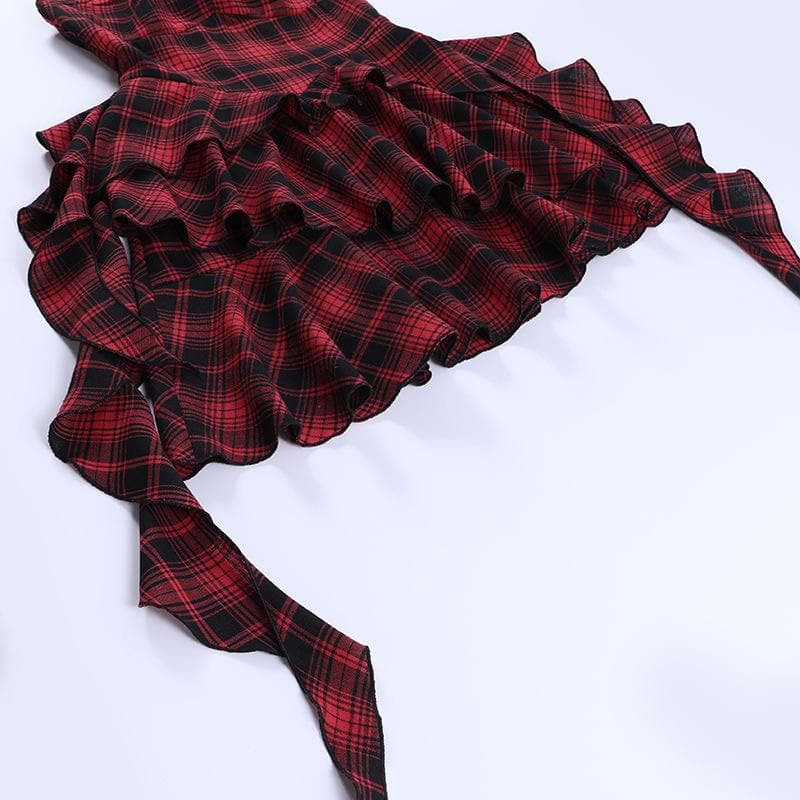 Y2K Aesthetic Backless Mini Dress with Irregular Plaid and Zip-Up Halter Design Y2K Aesthetic Backless Mini Dress with Irregular Plaid and Zip-Up Halter Design