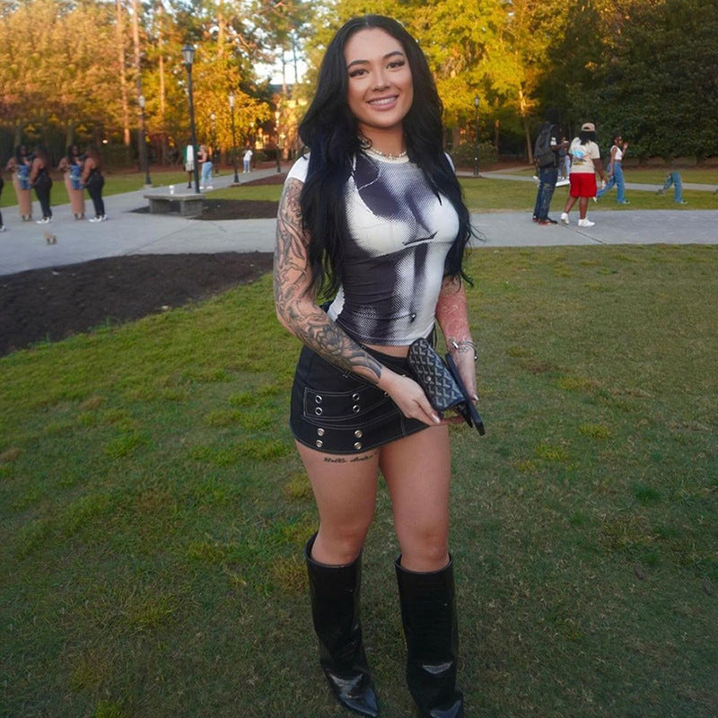 Y2K Aesthetic Body Print Short Sleeve T-Shirt - Cute Tops for Trendy Outfits Y2K Aesthetic Body Print Short Sleeve T-Shirt - Cute Tops for Trendy Outfits