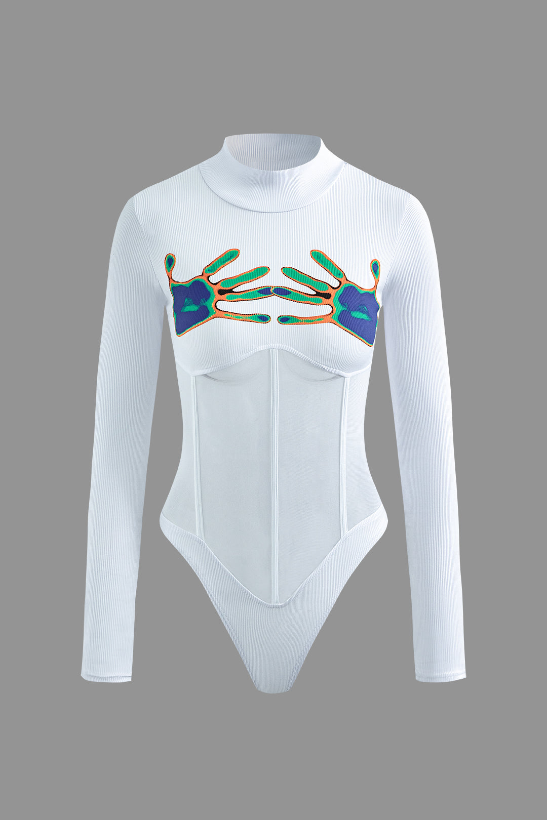 Y2K Aesthetic Hands Print Mock Neck Mesh Long Sleeve Bodysuit for Trendy Outfits Y2K Aesthetic Hands Print Mock Neck Mesh Long Sleeve Bodysuit for Trendy Outfits