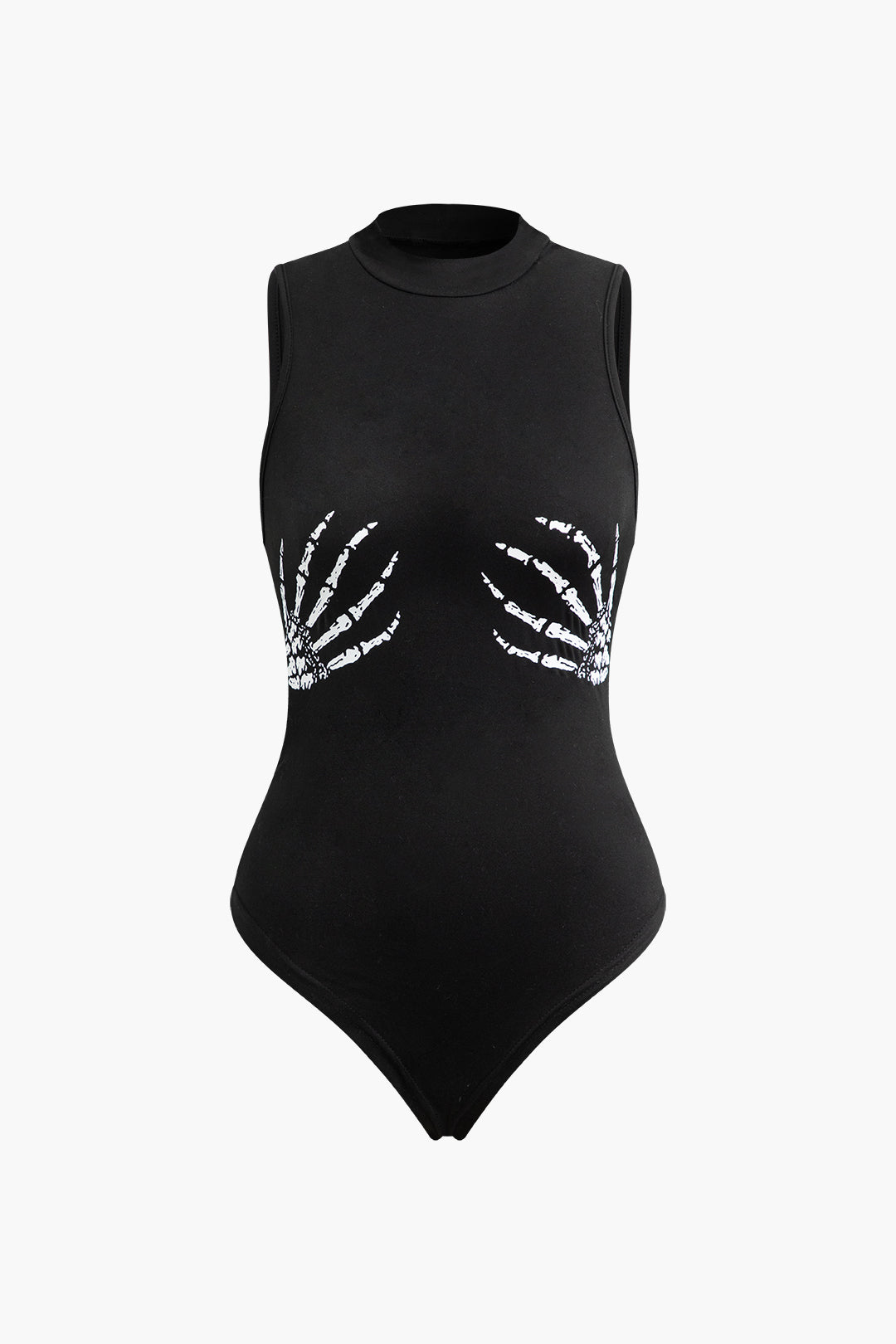 Y2K Aesthetic Hands Print Mock Neck Sleeveless Bodysuit for Trendy Outfits