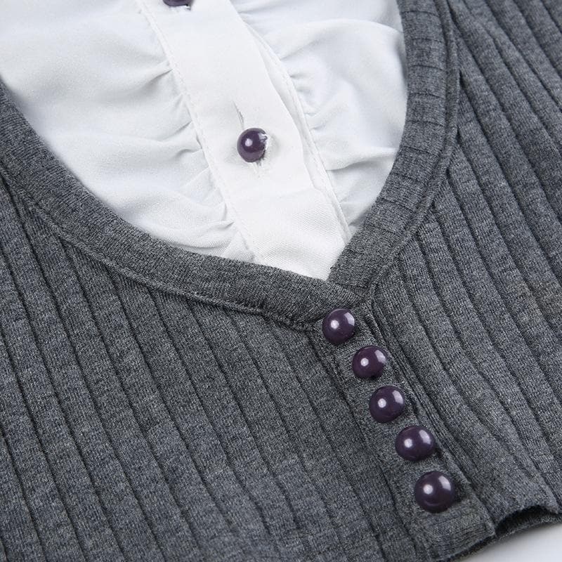 Y2K Aesthetic Long Sleeve Button-Up Top with Ruched Contrast Patchwork Design Y2K Aesthetic Long Sleeve Button-Up Top with Ruched Contrast Patchwork Design