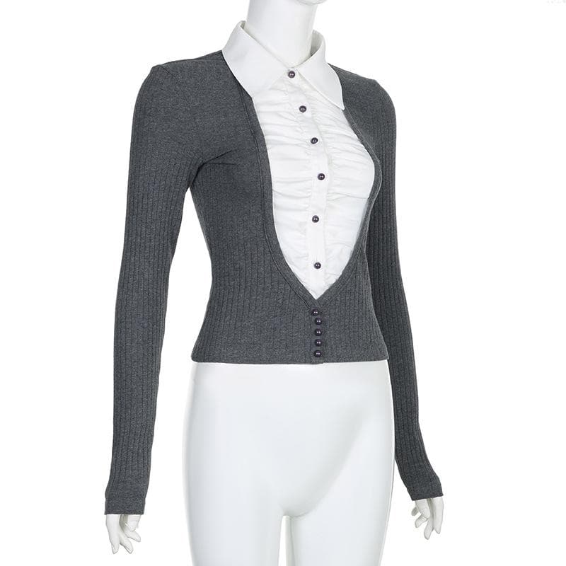 Y2K Aesthetic Long Sleeve Button-Up Top with Ruched Contrast Patchwork Design Y2K Aesthetic Long Sleeve Button-Up Top with Ruched Contrast Patchwork Design