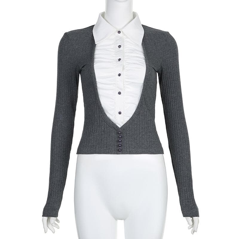 Y2K Aesthetic Long Sleeve Button-Up Top with Ruched Contrast Patchwork Design Y2K Aesthetic Long Sleeve Button-Up Top with Ruched Contrast Patchwork Design