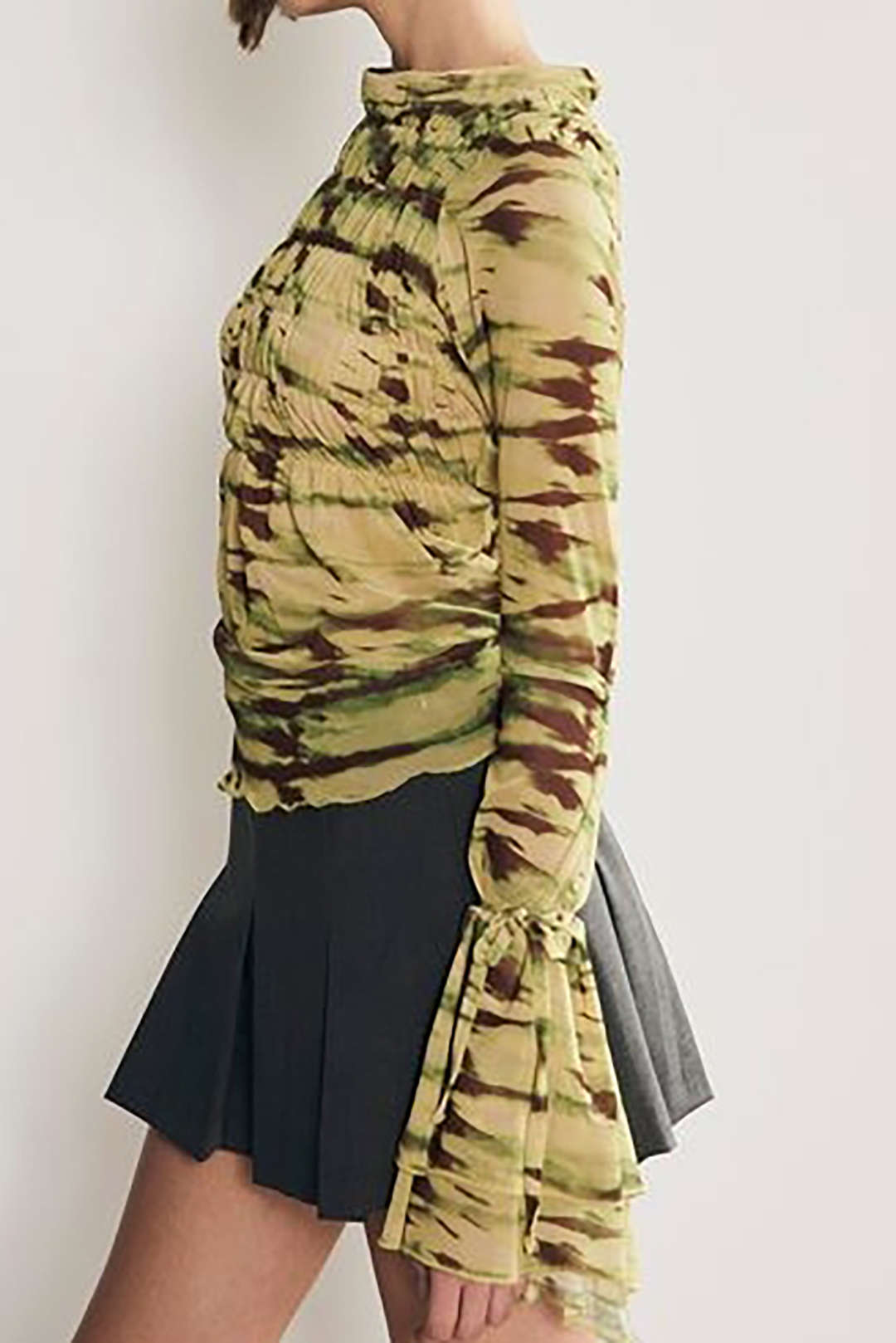 Y2K Aesthetic Tie-Dye Ruched Mesh Top with Bell Sleeves for Trendy Outfits Y2K Aesthetic Tie-Dye Ruched Mesh Top with Bell Sleeves for Trendy Outfits