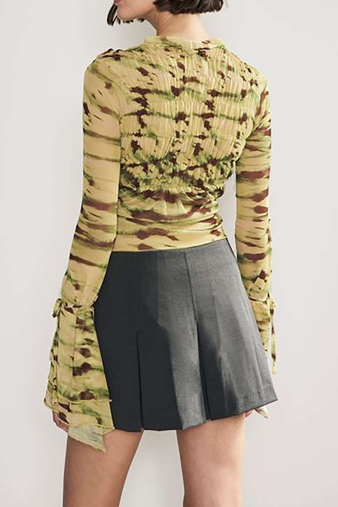 Y2K Aesthetic Tie-Dye Ruched Mesh Top with Bell Sleeves for Trendy Outfits Y2K Aesthetic Tie-Dye Ruched Mesh Top with Bell Sleeves for Trendy Outfits