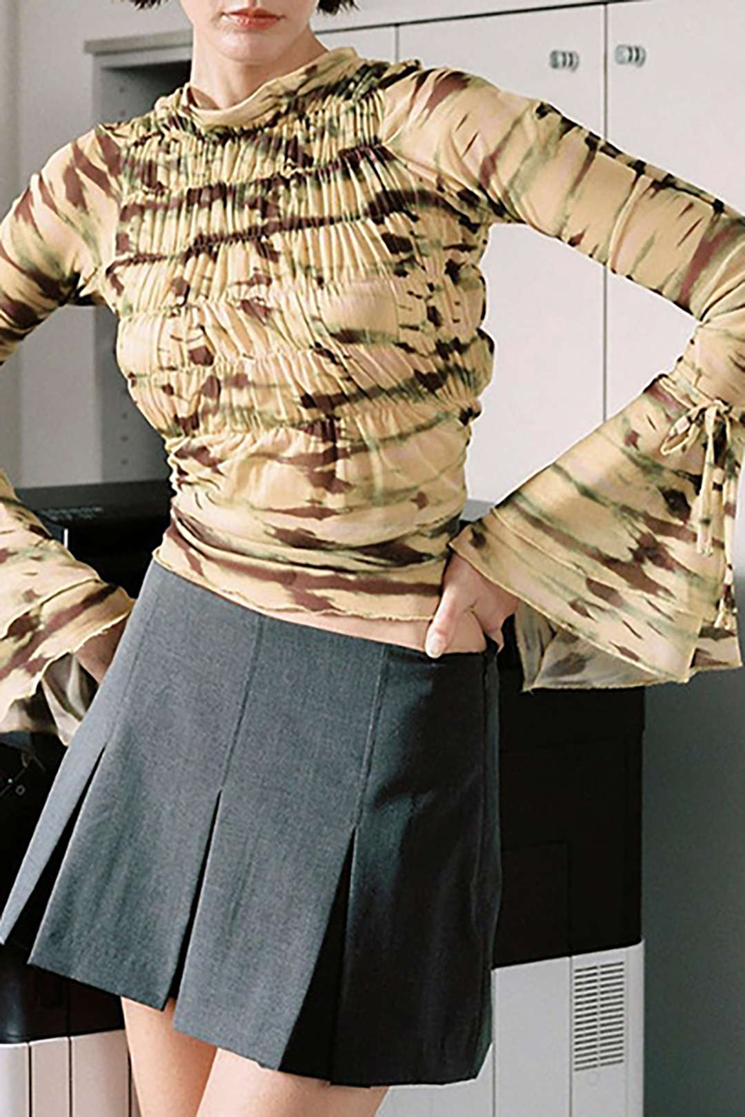 Y2K Aesthetic Tie-Dye Ruched Mesh Top with Bell Sleeves for Trendy Outfits Y2K Aesthetic Tie-Dye Ruched Mesh Top with Bell Sleeves for Trendy Outfits