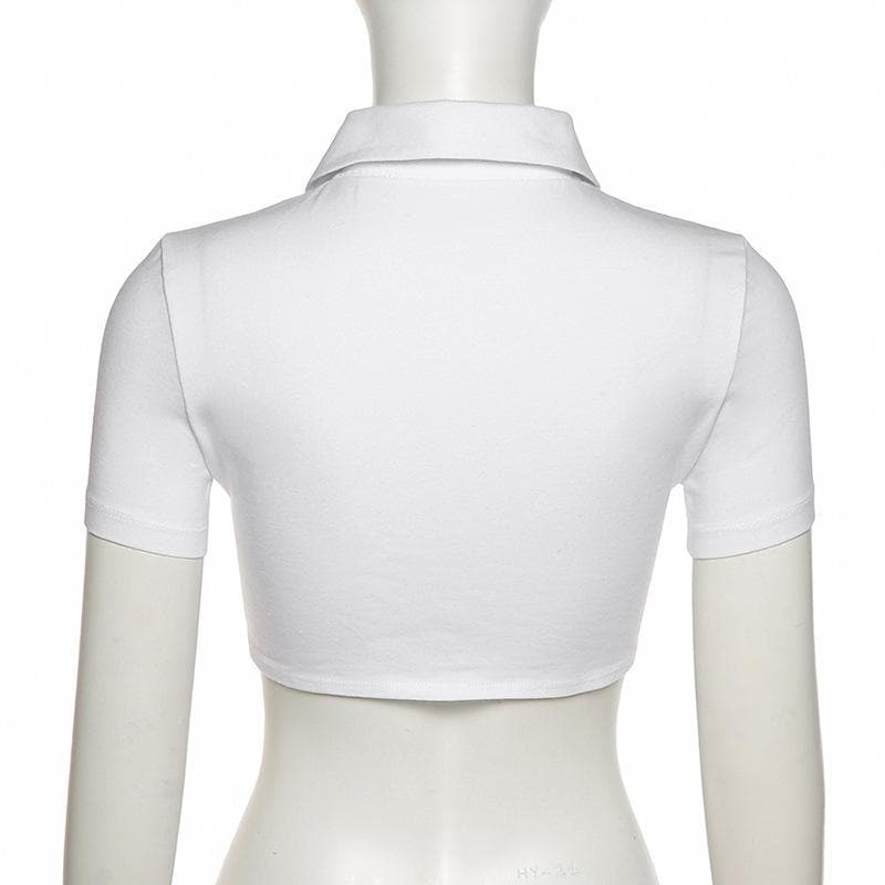 Y2K Aesthetic Turnover Collar Buttoned Solid Crop Top for Trendy Coquette Style Y2K Aesthetic Turnover Collar Buttoned Solid Crop Top for Trendy Coquette Style
