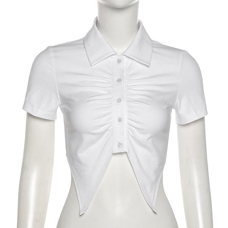 Y2K Aesthetic Turnover Collar Buttoned Solid Crop Top for Trendy Coquette Style Y2K Aesthetic Turnover Collar Buttoned Solid Crop Top for Trendy Coquette Style