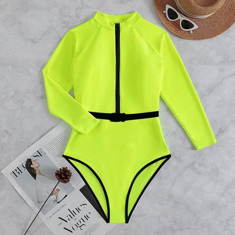 Y2K Aesthetic Zip-Up Contrast Long Sleeve Belted One-Piece Swimsuit for Trendy Looks Y2K Aesthetic Zip-Up Contrast Long Sleeve Belted One-Piece Swimsuit for Trendy Looks