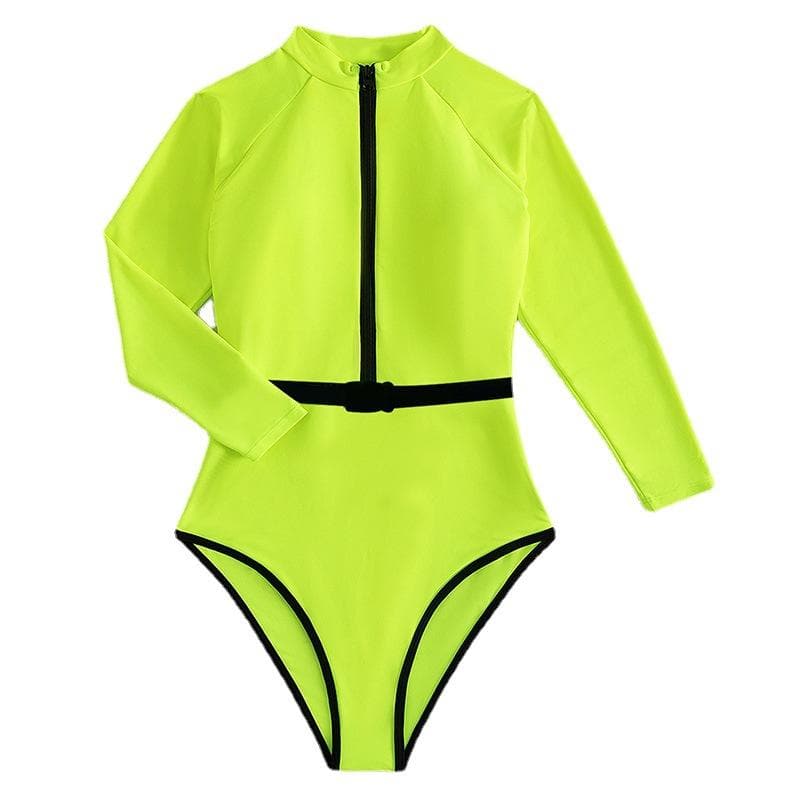 Y2K Aesthetic Zip-Up Contrast Long Sleeve Belted One-Piece Swimsuit for Trendy Looks Y2K Aesthetic Zip-Up Contrast Long Sleeve Belted One-Piece Swimsuit for Trendy Looks